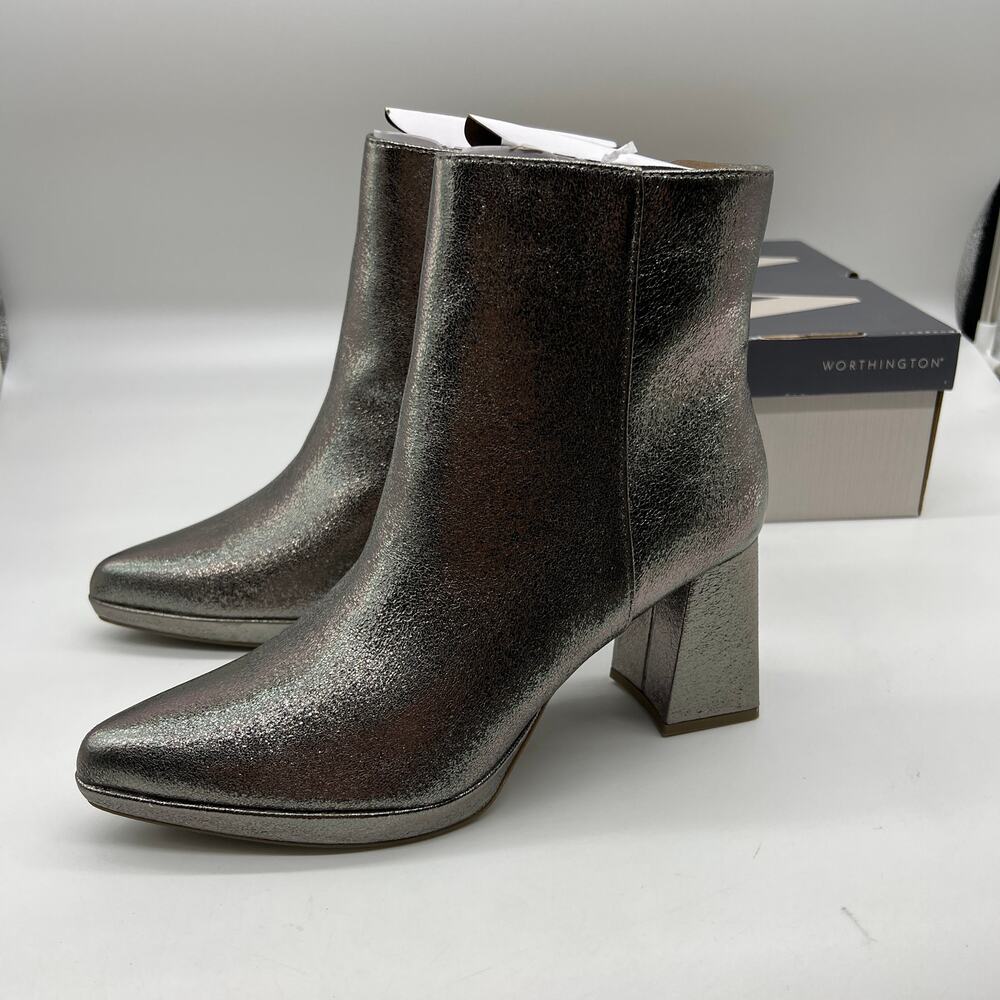 Worthington Womens Bannow Flared Heel Booties Pewter Color Size 8